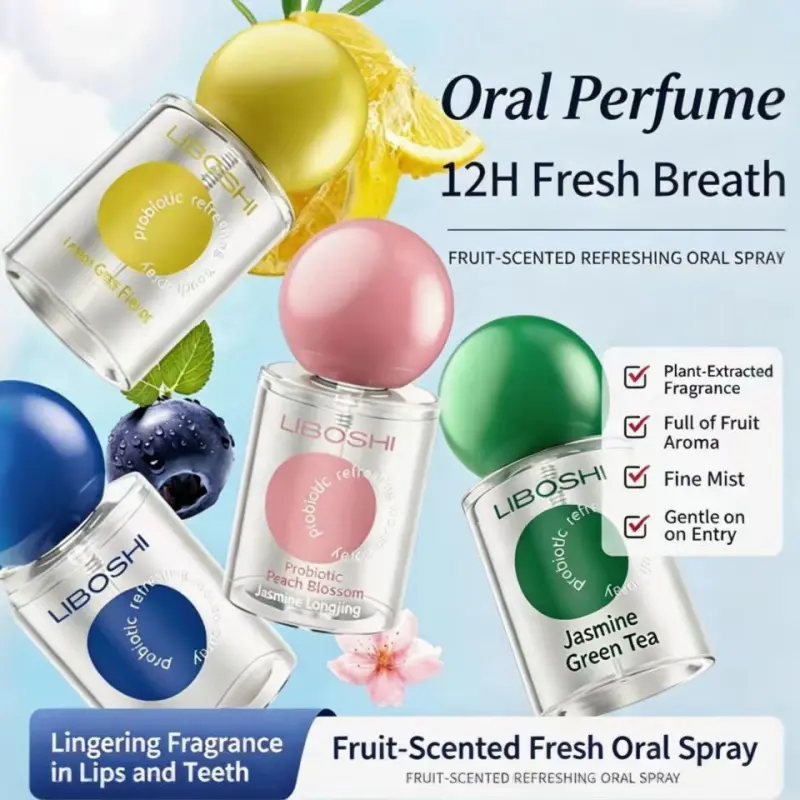 Multi-flavor Portable Breath Freshening Oral Spray, Peach, Mint Lemon, Jasmine Green Tea, Blueberry, Long Lasting Freshness, Eliminate Bad Breath, Gentle Mild Oral Cleansing Pocket Mist for Dating & Daily Use