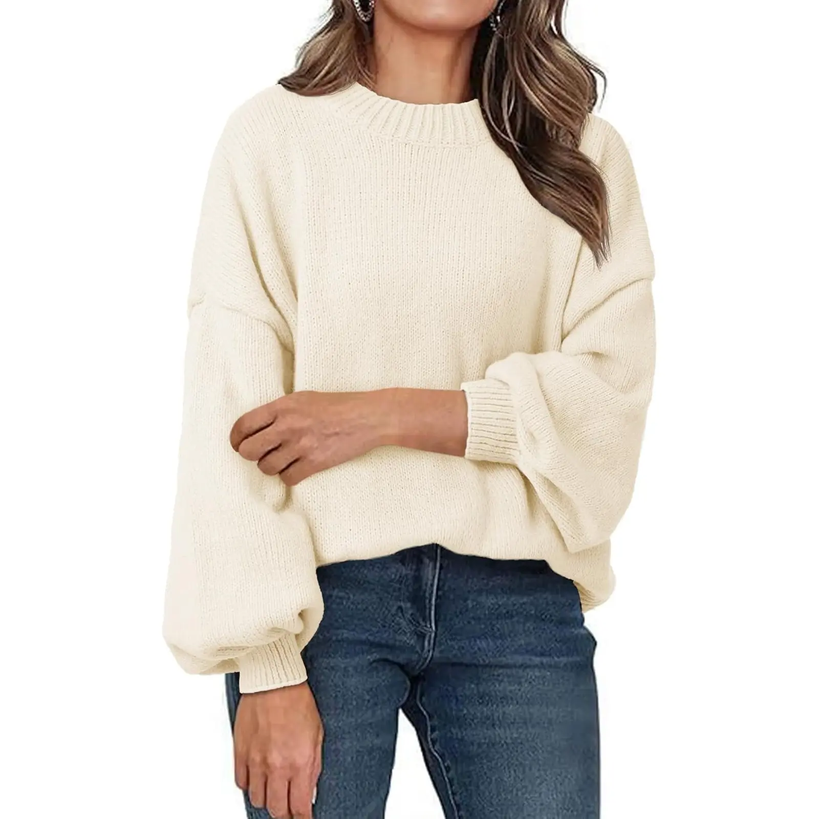 Aoysky Women's Minimalist Chunky Knit Pullover Sweater, Casual Oversized Mock Neck with Lantern Long Sleeves for Fall Winter, Knitting, Basic, Longsleeves, Baggy, Clothes