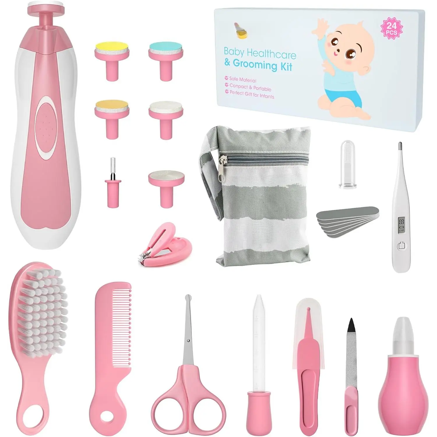 Baby Healthcare and Grooming Kit, 24 in 1 Baby Electric Nail Trimmer Set Newborn Nursery Health Care Set  Newborn Infant Toddlers Baby Boys Girls Kids Haircut Tools (0-3 Years+) (Pink) New model