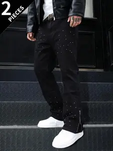 2pcs Men's Splatter Micro Flare Jeans, Zipper Fly High Street Hip Hop Style, All Season Streetwear Slim-Fit Denim Jeans