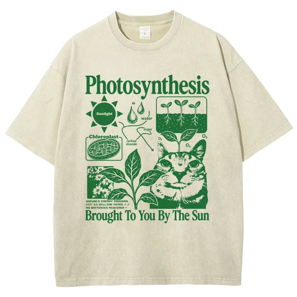 Photosynthesis Cat Shirt, Funny Science Cat Tee, Plant Lover Gift Unisex Graphict Washed T-Shirt Personalized Pattern Y2k Clothing Round Neck Washed T-Shirt,Women's Clothing 100% Cotton, Menswear, Top, Vintage Style,Summer Casual Oversized