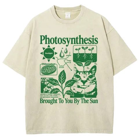 Photosynthesis Cat Shirt, Funny Science Cat Tee, Plant Lover Gift Unisex Graphict Washed T-Shirt Personalized Pattern Y2k Clothing Round Neck Washed T-Shirt,Women's Clothing 100% Cotton, Menswear, Top, Vintage Style,Summer Casual Oversized