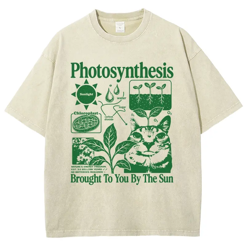 Photosynthesis Cat Shirt, Funny Science Cat Tee, Plant Lover Gift Unisex Graphict Washed T-Shirt Personalized Pattern Y2k Clothing Round Neck Washed T-Shirt,Women's Clothing 100% Cotton, Menswear, Top, Vintage Style,Summer Casual Oversized