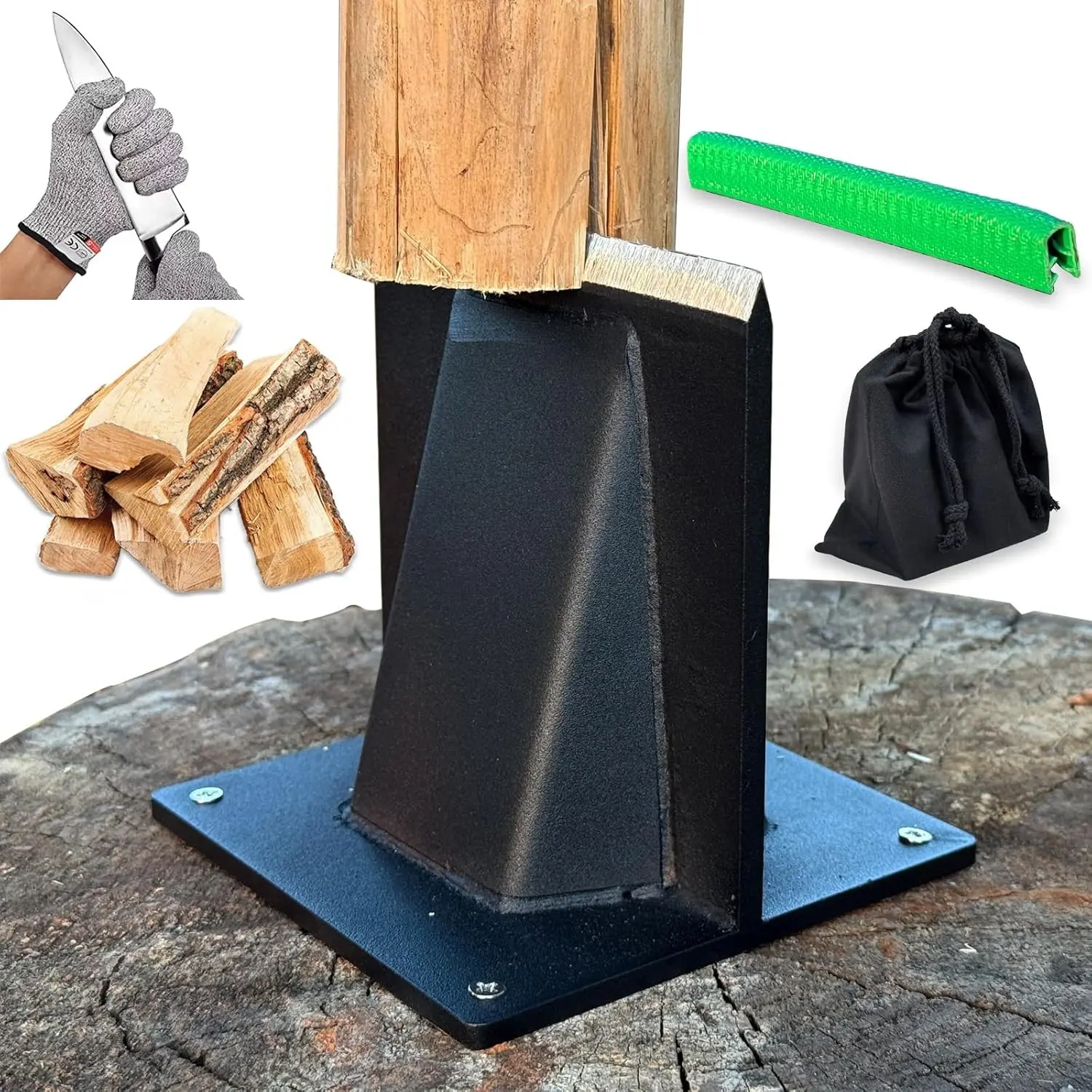 Manual Tool Firewood Log Splitter - Heavy-Duty Steel Wedge, No-Axe Wood Chopper Accessory, Cut-Resistant Gloves for Outdoor Work