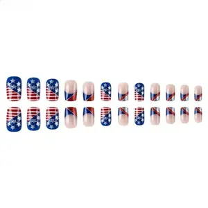 24Pcs Patriotic Flag Press On Nails, Short Square Glossy Fake Nails, Red White Blue Flag Pattern Glitter Nail Art, Reusable Easy Wear False Nails Stylish Manicure Decor for 4th of July Parade & National Holiday Events