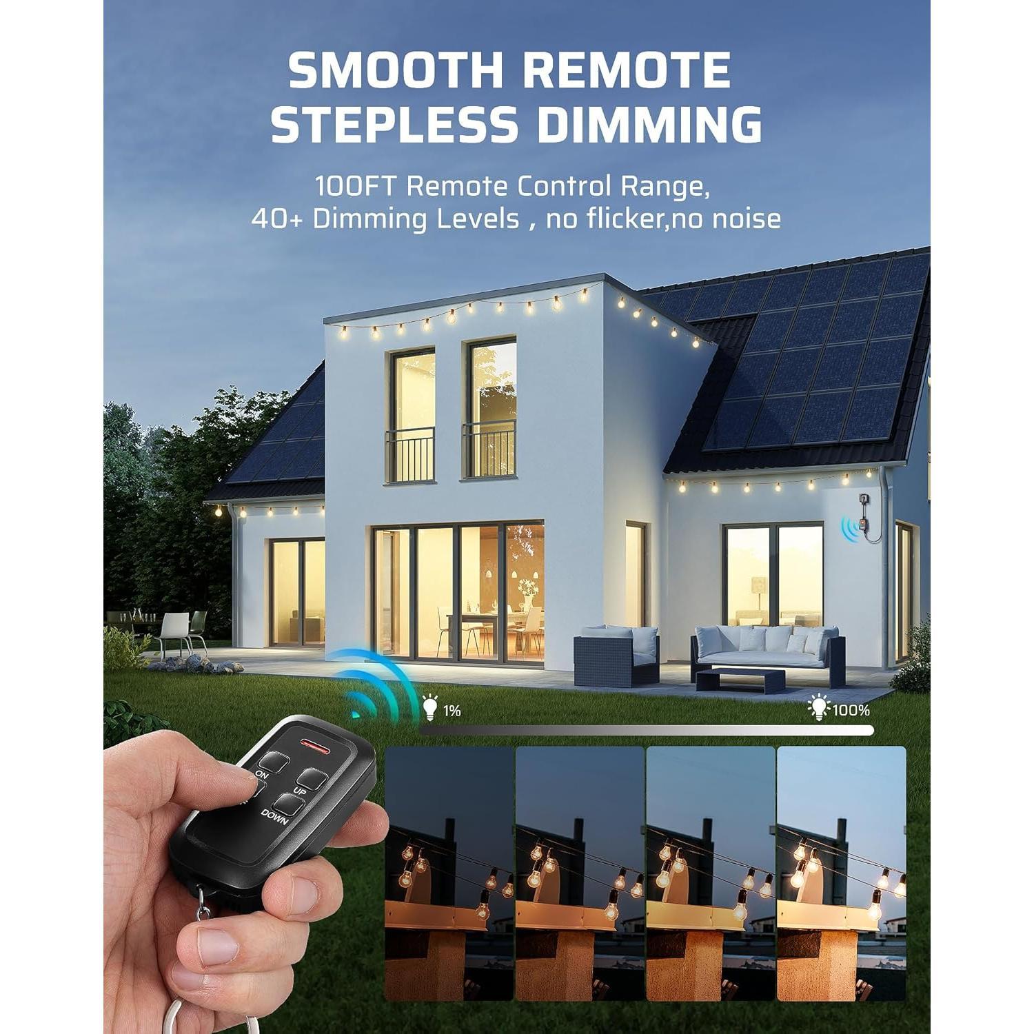 Outdoor Dimmer for String Lights,  Dimmer Plug with Remote, Compatible with Alexa &  , , 100FT Range, Remote Dimming for Dimmable LED/Tungsten Bulbs, FCC Certified