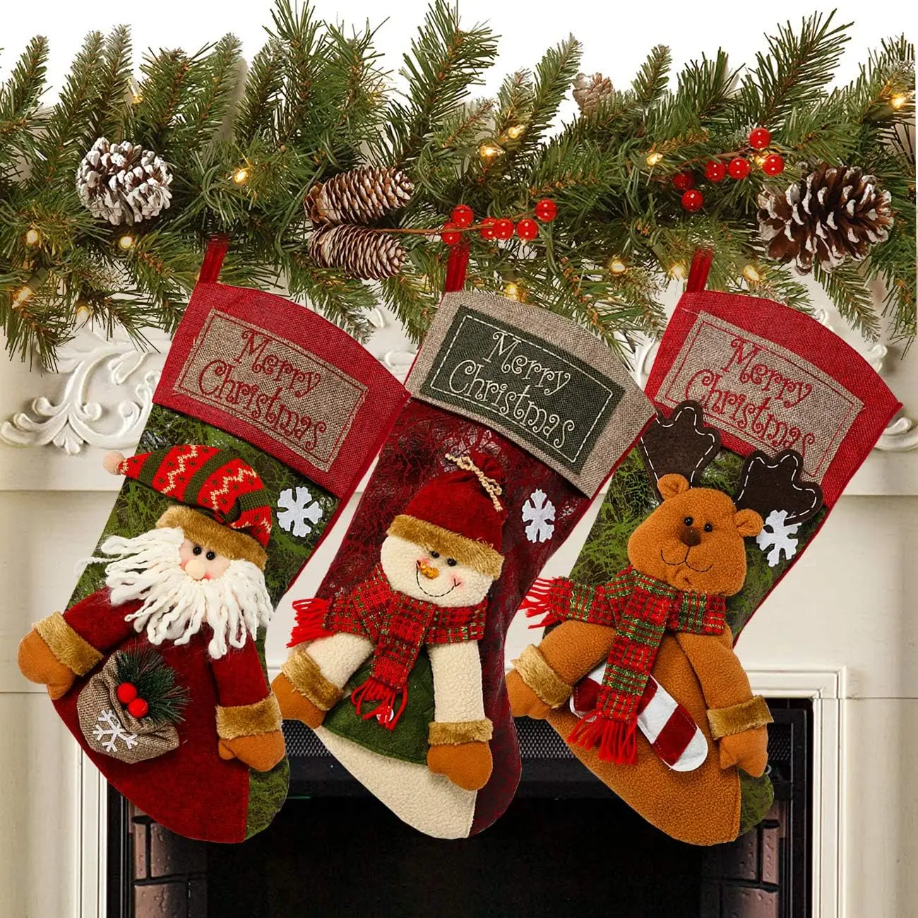 Sunnyglade 3PCS 18" Christmas Stocking Classic Large Stockings