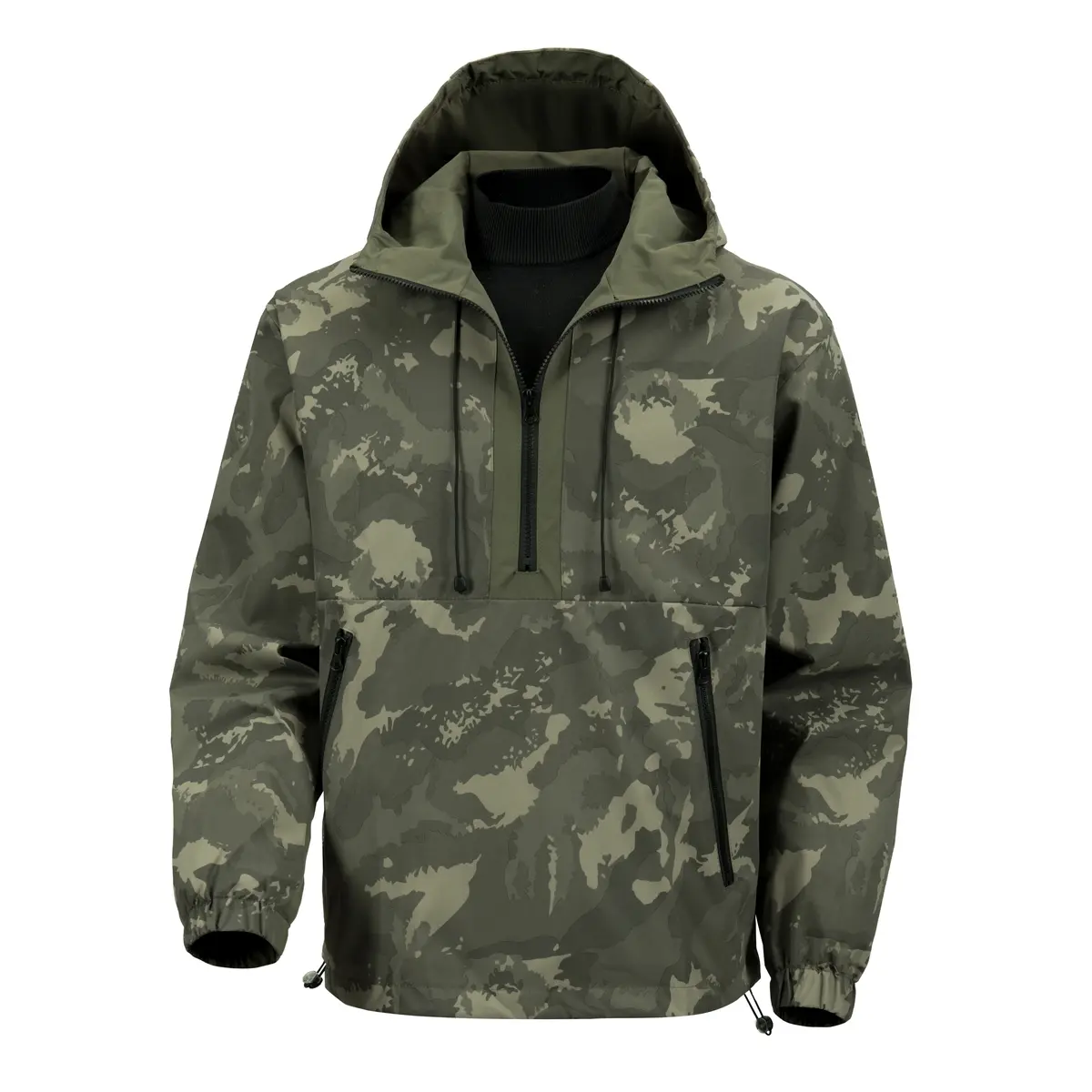 Men's camouflage printed half zipper pullover hooded trench coat, pullover jacket with side zipper pockets and adjustable hem cuffs, suitable for outdoor sports, daily travel, campus dressing, and casual travel