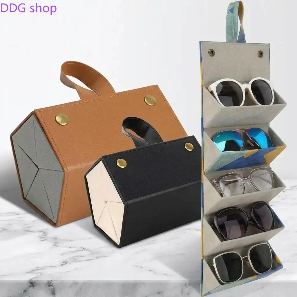 Unisex Leather Sunglasses Organizer Case - 5-Slot Pentagonal, Foldable, Portable, Dustproof, Large-Capacity, Lens Protective Holder for Travel, Spring Glow Up