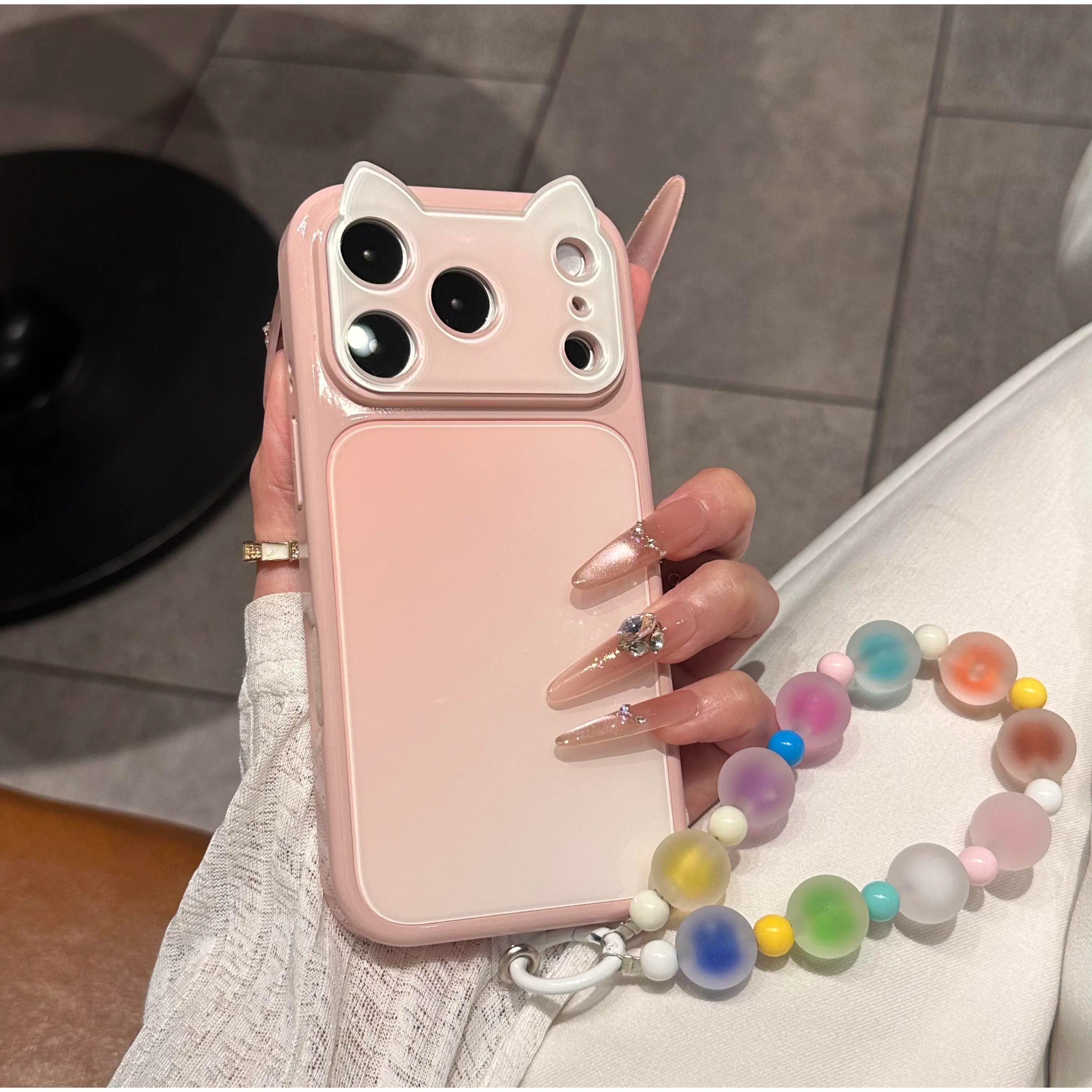 (Case & Nova.)Cute 3D Cat Ear Gradient Phone Case, Full Camera Lens Protector Shockproof Soft Cover With Beaded Wrist Strap For iPhone 17 Pro Max, 16 Plus, 15, 14, 13