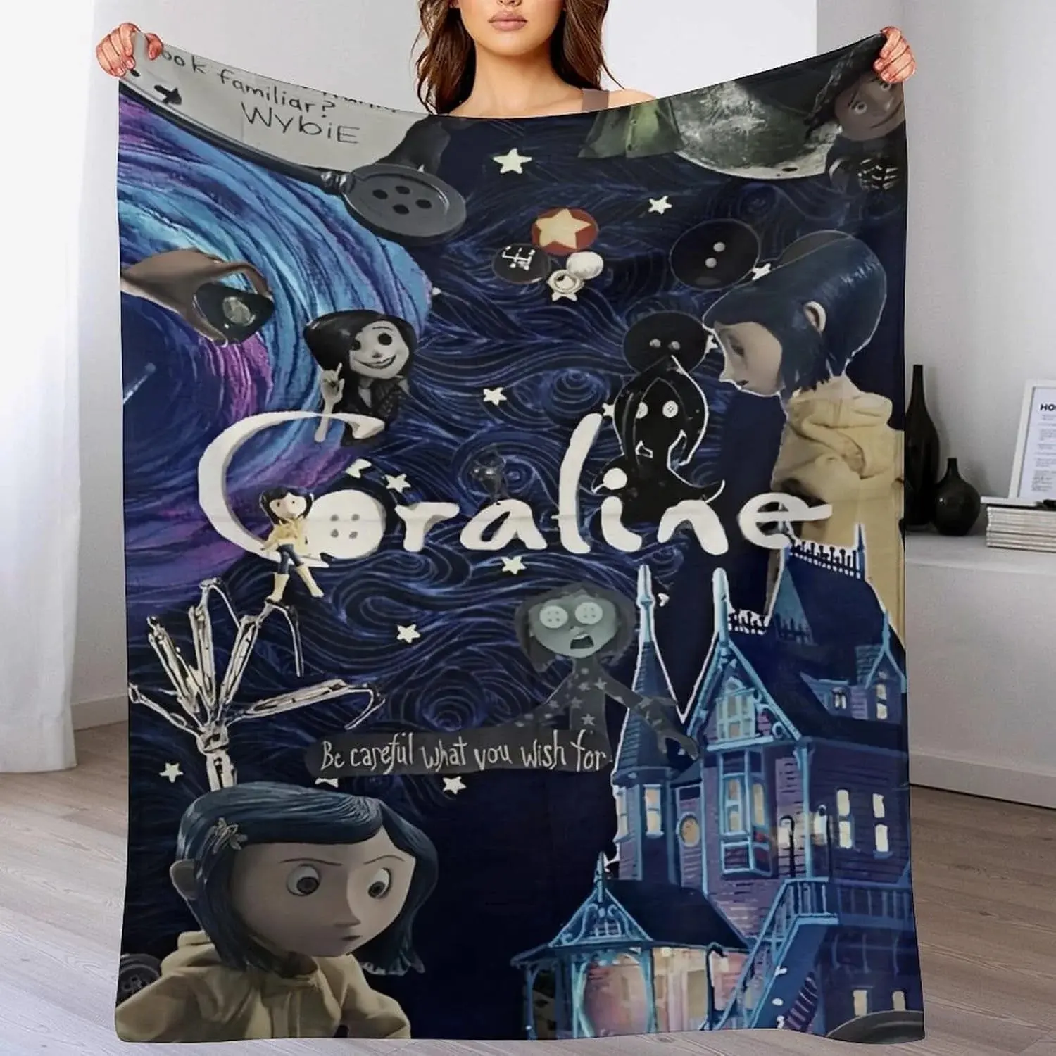 Coraline cartoon theme super soft flannel blanket, multi-purpose suitable for sofa bedroom living room or travel, perfect gift