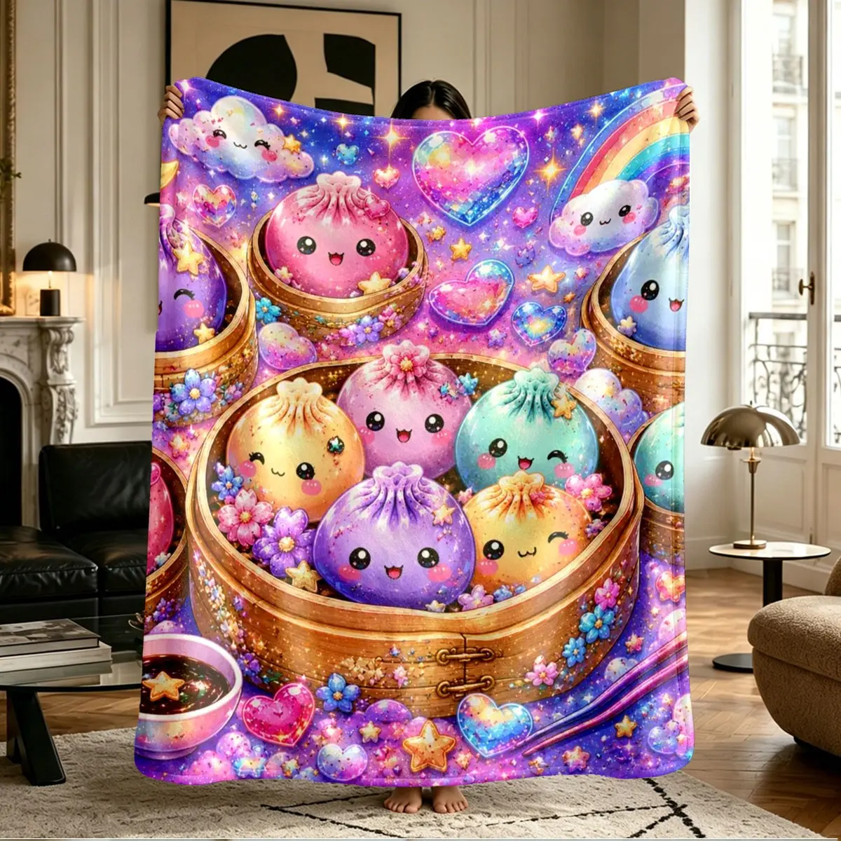 Galaxy Rainbow Glitter Squishy Dumpling Print Anti-Pilling Flannel Blend Throw Blanket - Soft, Warm, Multi-Size - Home/Outdoor Camping Hiking Sleeping Gear, Ideal Gift, Throw Blankets