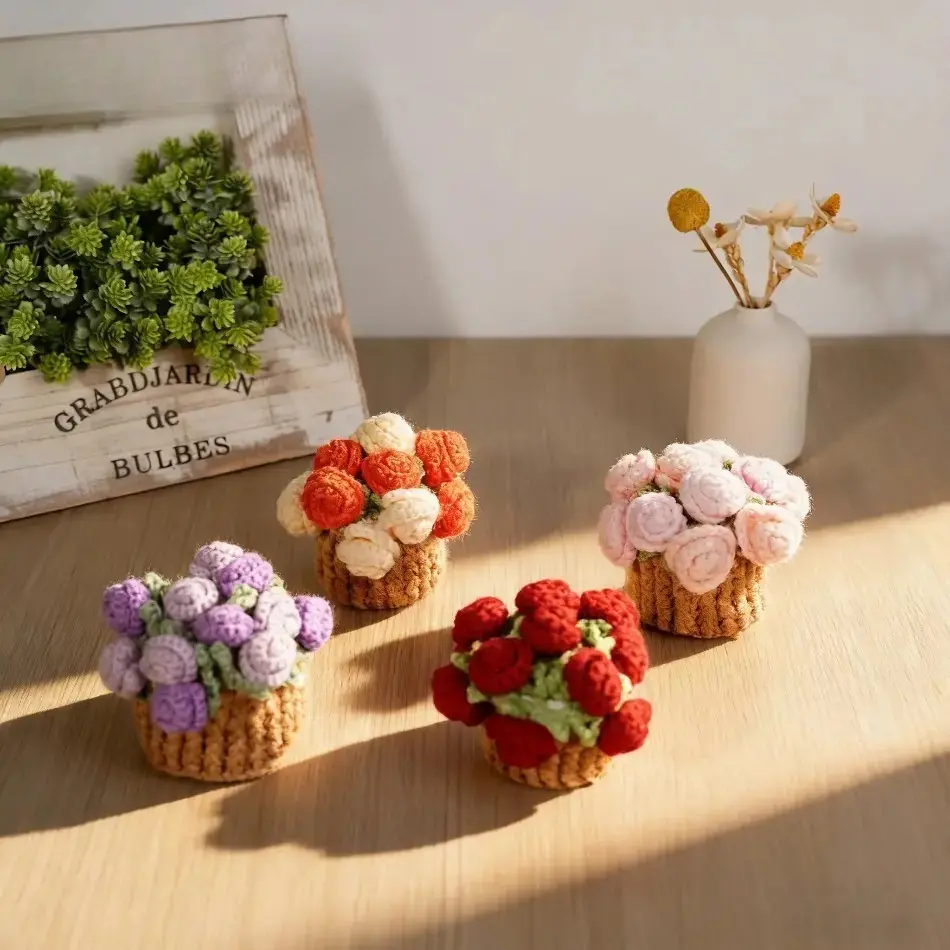 Handmade Crochet Flower Coaster, Transformable Pink Flower in Purple Basket, Cute Yarn-Knitted Room Decor Ornament, Mothers Day Gift for Mom, Pink + Basket, Table Cup Mat, Transforms Into A Bouquet, House Decor, Cute Decorations, Crocheted Yarn, Floral Di