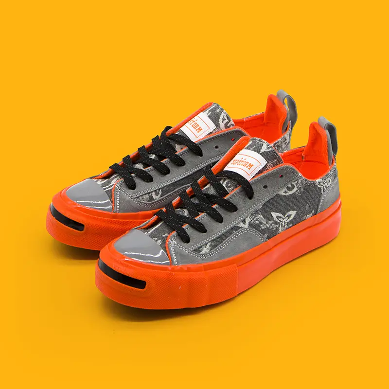 Gray Butterfly Jacquard Suede Patchwork Canvas Sneakers Unisex Bright Orange Thick Platform Low Top Distressed Vintage Street Skate Shoes for Men Women Teens
