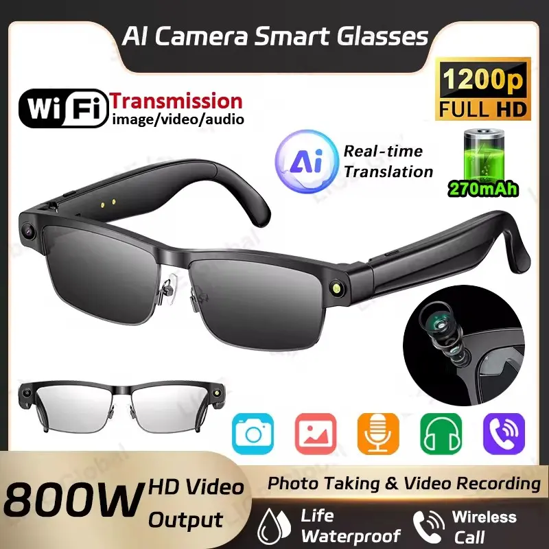 AI Smart Glasses with 1080P Camera, 8MP HD Camera Glasses-Anti-Shake Video Recording, GPT Vision,AI Voice Control,Dual Clear BT Call&Translate, Music Playback, Multifunctional Camera Glasses for Travel Meeting