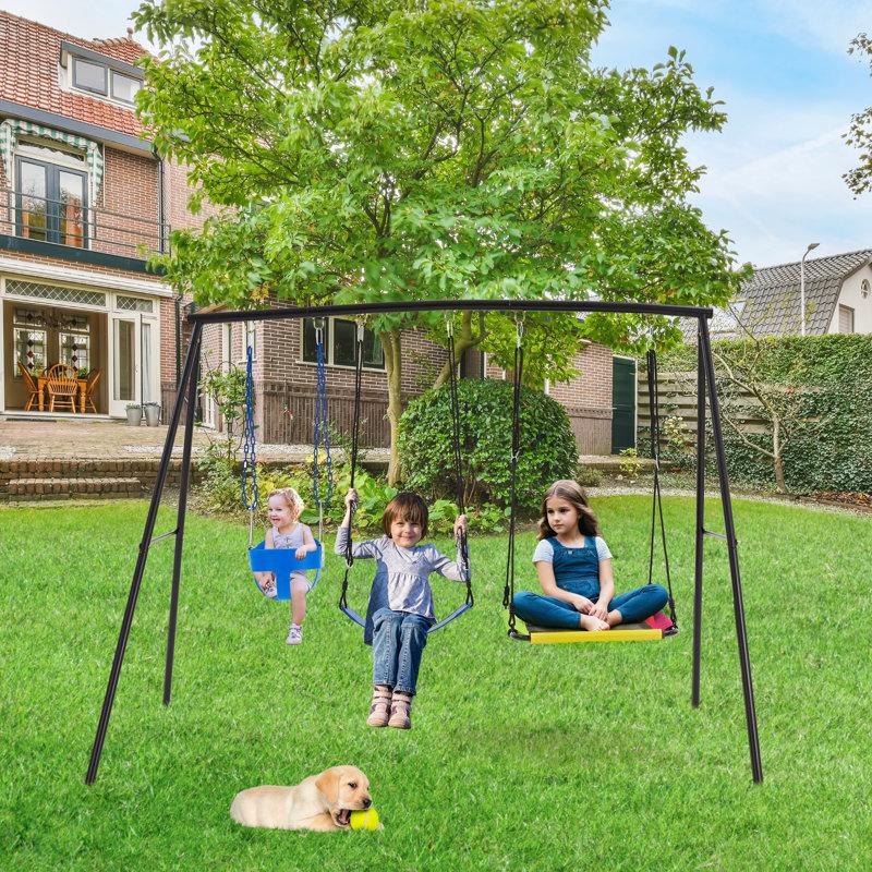 Heavy Duty Metal A-Frame Swing Set for Backyard - 440lbs Capacity 3-Seat with Saucer, Belt & Small Outdoor Playground Swing