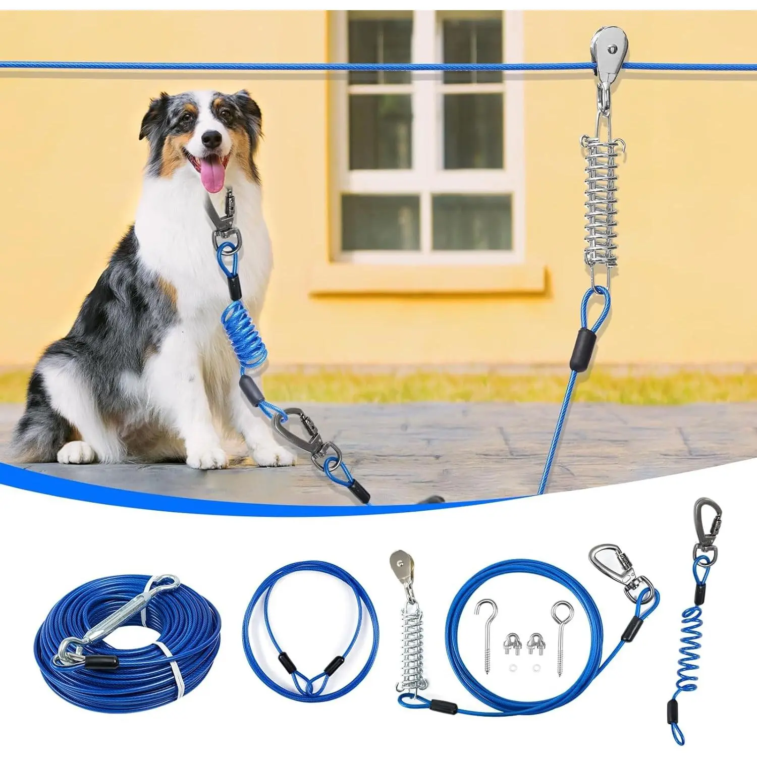 Aerial Dog Zipline for Yard Camping, Double Shock Absorption Trolley System for Large Dogs Up to 250LBS, Heavy Duty 50FT Tie Out Run Cable with 10FT Leads for Outdoor Use