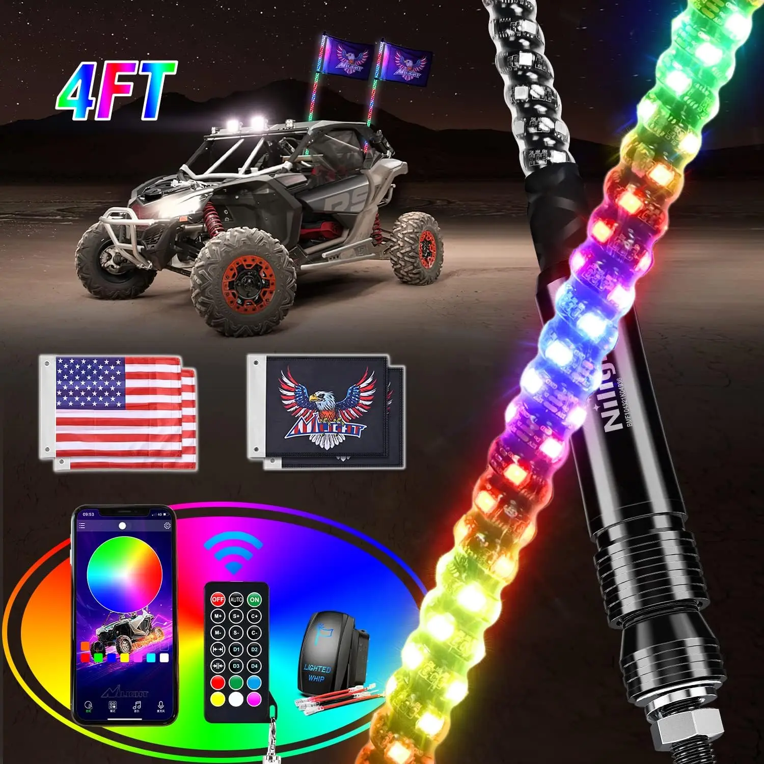 Nilight 2PCS 4FT Flexible RGB Color Changing Whip Lights - App & Remote Control, Custom Neon Spots & Bars, DIY Chasing Patterns, Stop/Turn/Reverse, Stainless Steel Polycarbonate Weatherproof Water Resistant Safety Antennas for ATV, UTV, Car Lighting, Neon