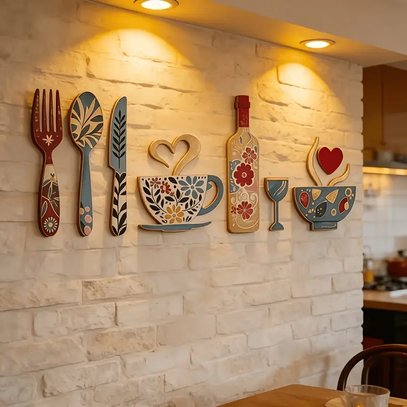 8-piece creative wooden wall decoration set: Decorative Wall Art, fork cup and wine glass design, suitable for kitchen, cafe, restaurant, bar, hallway wall decor, home decoration, and housewarming gifts