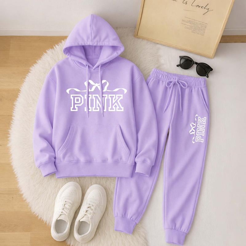 Women's Bow Tie Print Hoodie And Drawstring Track Pants Set, Casual Sportswear, Long-Sleeved Hooded Jacket And Pants, Suitable For Autumn And Winter, Everyday Wear, Indoor And Outdoor Sportswear, Casual Sportswear.