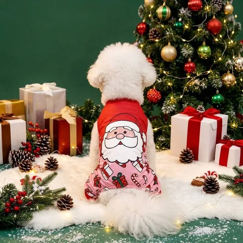 Christmas Dog Pajamas Onesie Pet Clothes, Cute Big Santa Claus Face Gift Box Ornament Print Cat Apparel Outfit, Red Pink 4 Legs Jumpsuit PJs Sleepwear Rompers, Winter Warm Xmas Holiday Party Cosplay Costume For Small Medium Large Dogs Cats Puppy