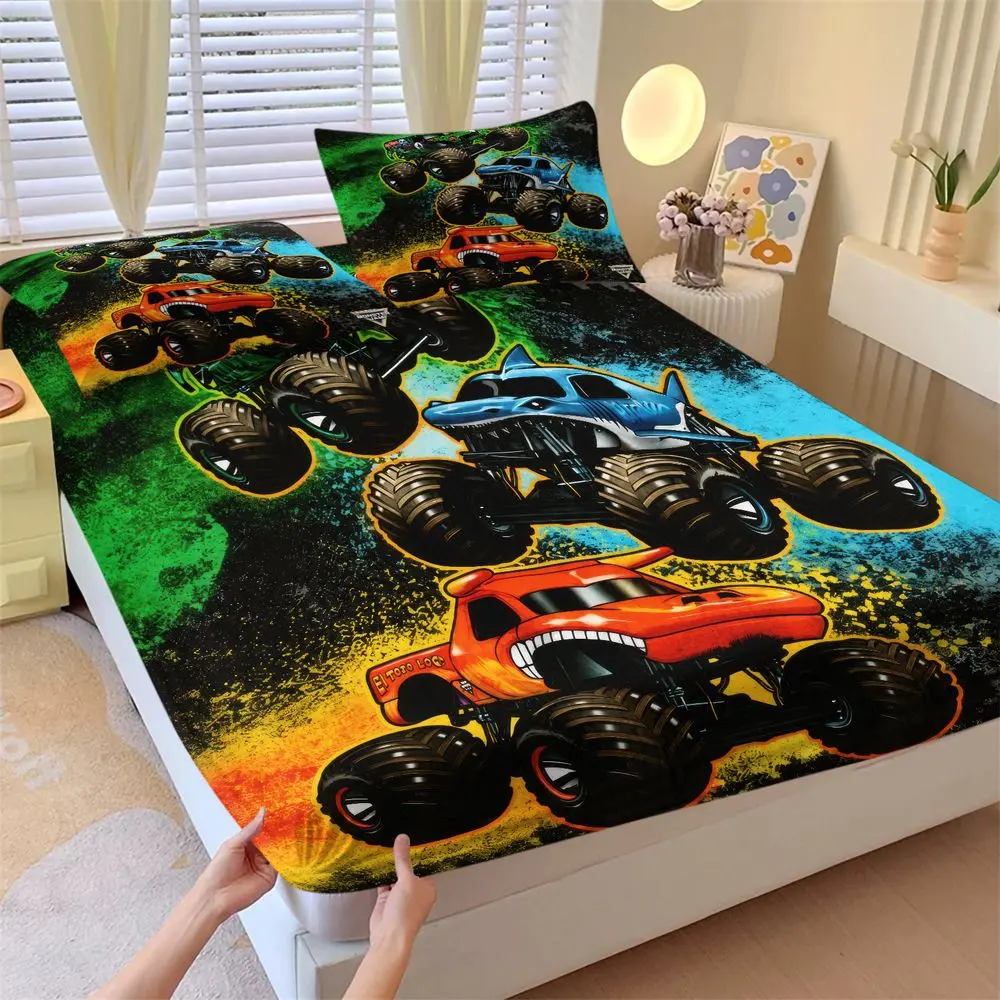 3Pcs Monster Truck Fitted Sheet Set, Cool Racing Car Bed Sheets Set for Kids Boys Bedroom, Soft 3D Printed Bedding Set for Toddler Bed, Breathable & Easy Care Bedding Decor No Fillers