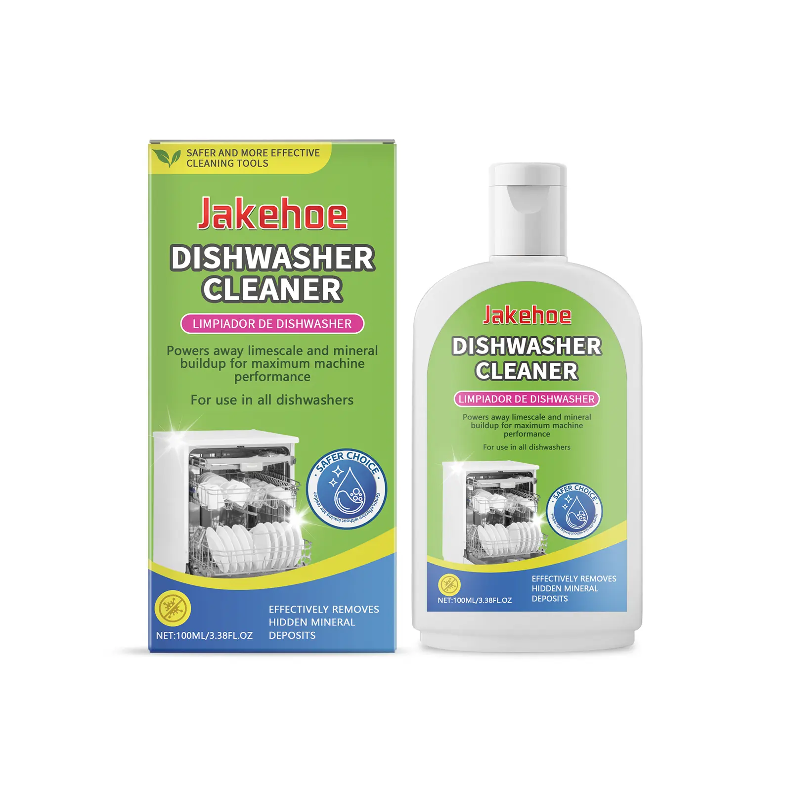 Jakehoe 100ml Dishwasher Cleaner Liquid 3.38 fl oz Single Unit, Heavy Duty Limescale and Hard Water Stain Remover for All Dishwashers, Deep Odor and Grease Cleaner with Disodium EDTA and Baking Soda