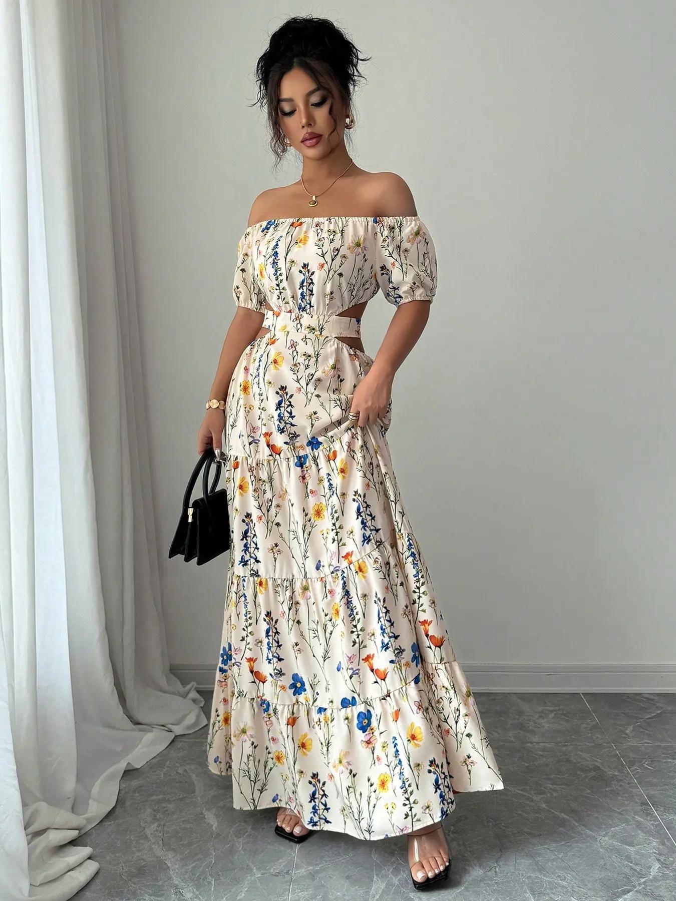 Women's Floral Print Off-Shoulder Maxi Dress, Bubble Sleeves & Waist Slit Design, Perfect Summer for Vacation Parties, Bohemian Style, Boho, Casual Wear Tie Front Comfortable Fit Blazer Midi Skirt Breathable
