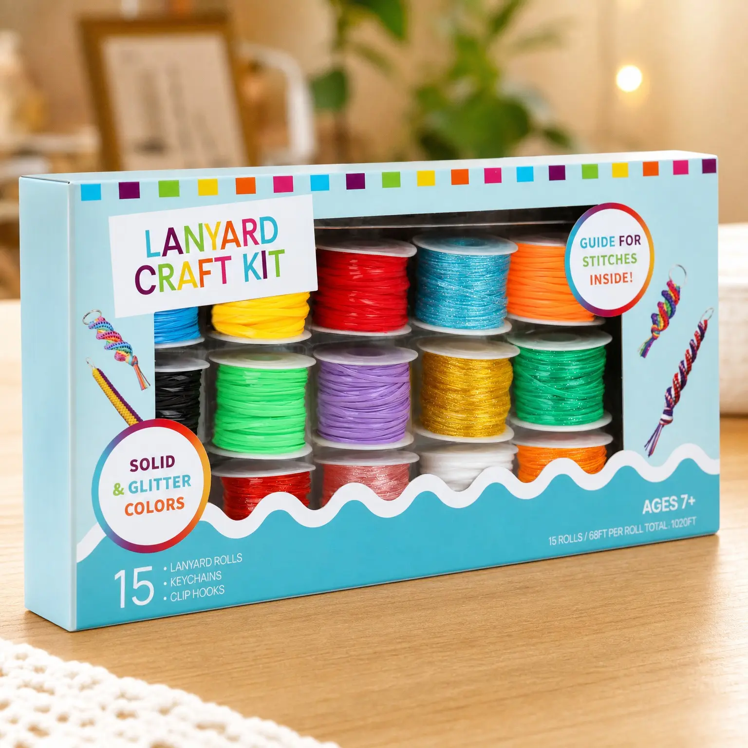 15 Pack Plastic Gimp String Lanyard Kit with Assorted Colors - Glitter and Solid Boondoggle for Weaving, Lacing Cord for Bracelets, DIY Keychains, CraftsGift
