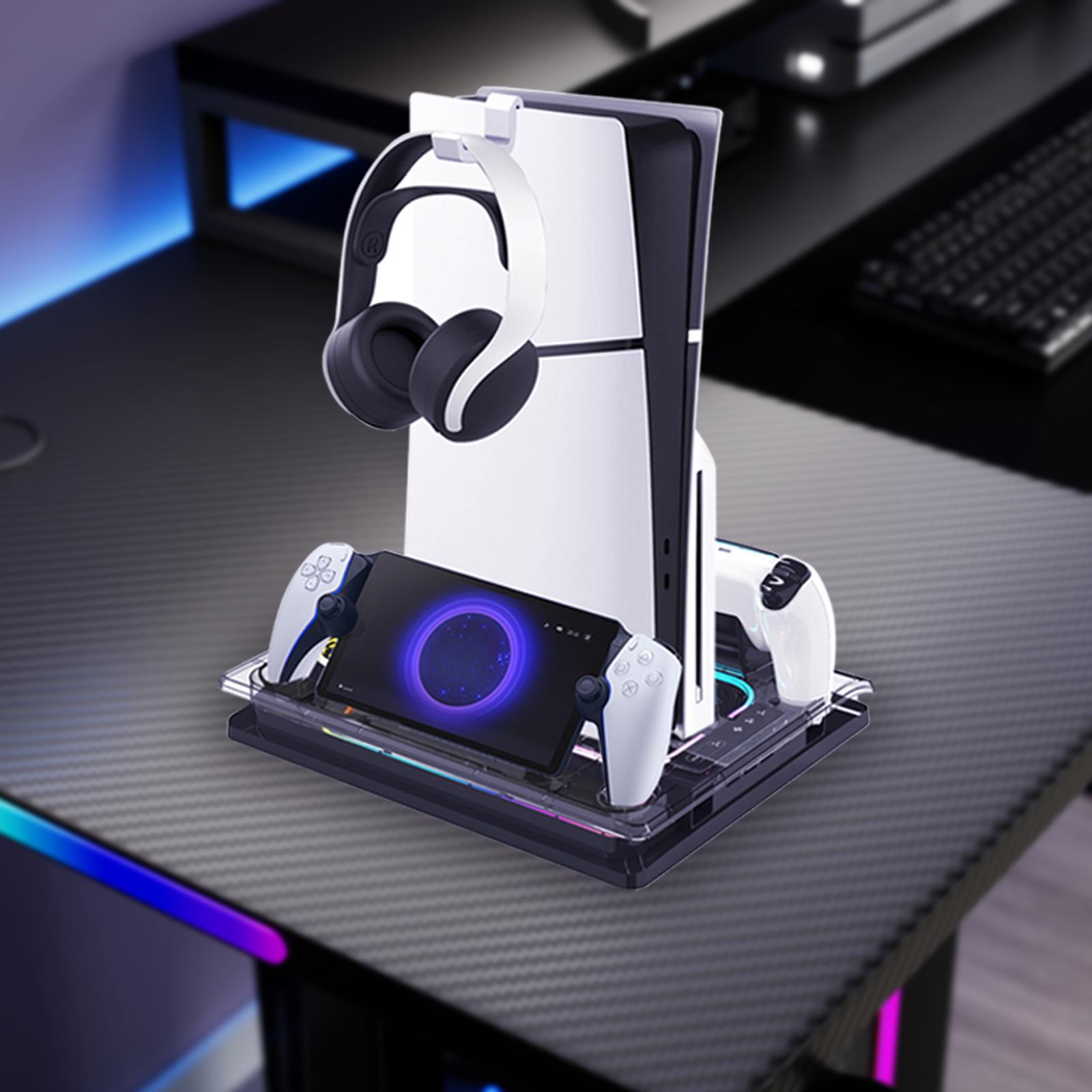 GAMINJA P53 Console Stand Cooling Station, Dual Controller Charging Station with 7 RGB Light, Console Accessories for Playstation 5 Digital Disc Slim, Game Peripherals, Gaming Accessories, Charging Dock