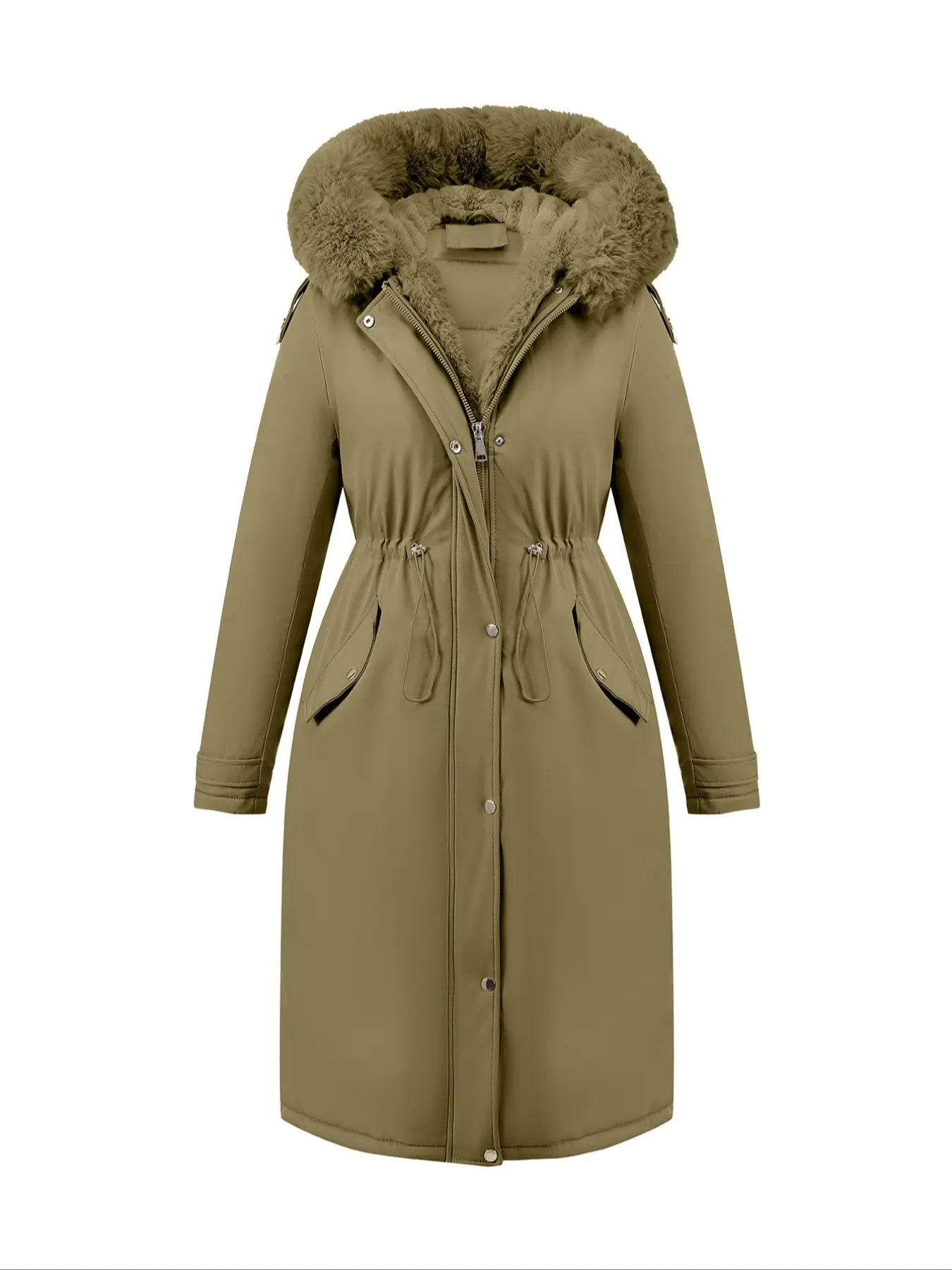 Women's Fall Winter Warm Casual Fashion Mid-Length Parka Coat, Faux Fur Collar Drawstring Waist Belt, Windproof Waterproof Cold-Resistant