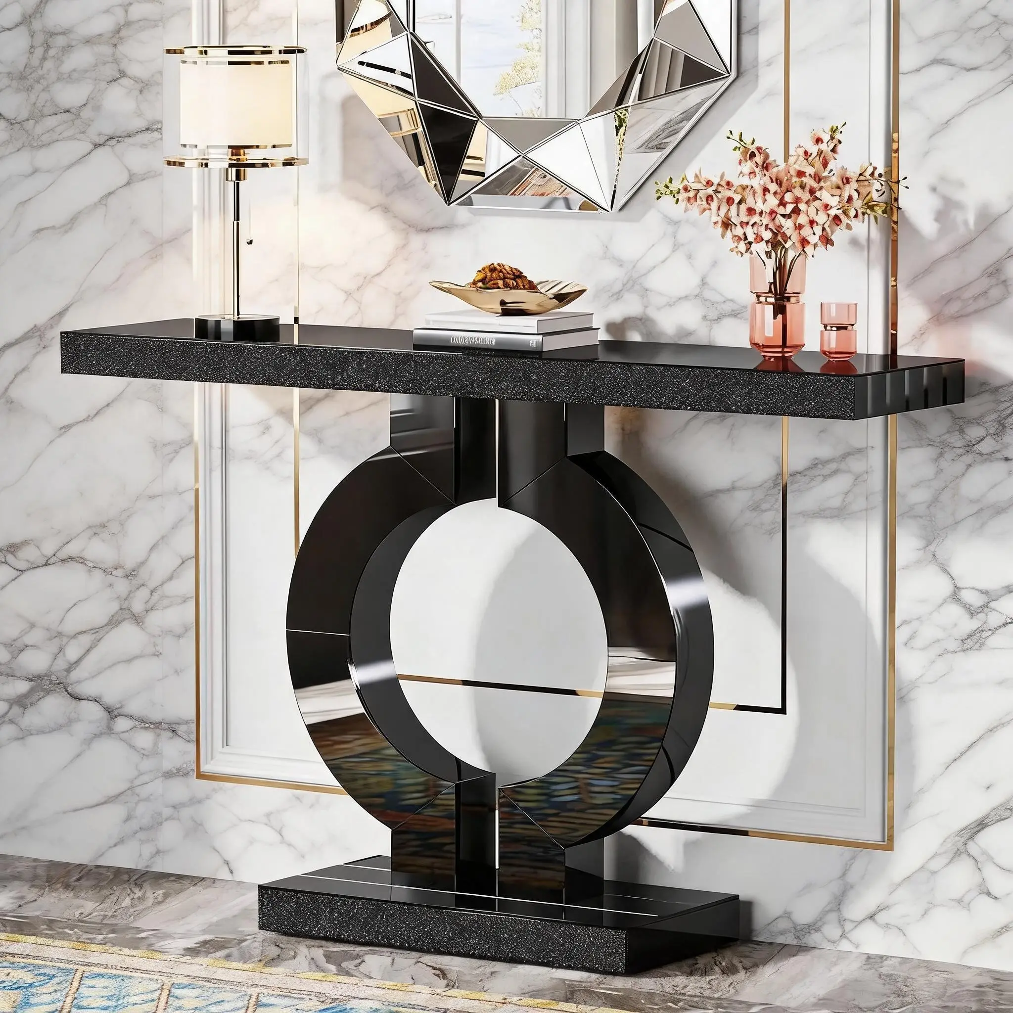 Black 43.11 in Mirror Finish Mirrored Console Table with Unique O-Shaped Base, Narrow Width Glass & Shiny Acrylic Surface, Wood Hallway Accent Furniture with Anti-Tipping Kit, Easy Setup Modern Glam Decor for Living Room Office