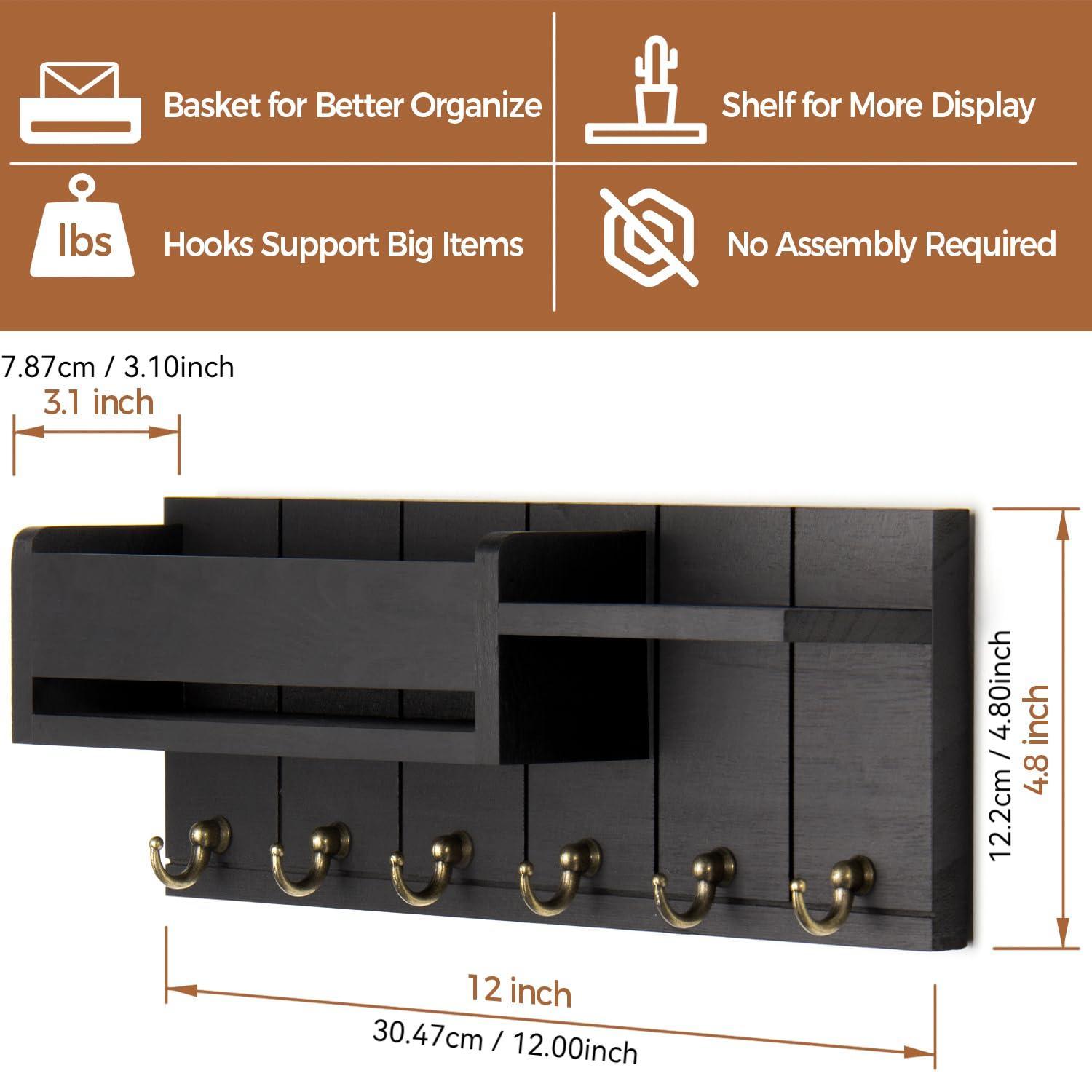 Wall-Mounted Key Organizer, Wooden Wall Shelf with 6 Key Hooks and Mail Sorter, Home Organizer for Entryway and Living Room