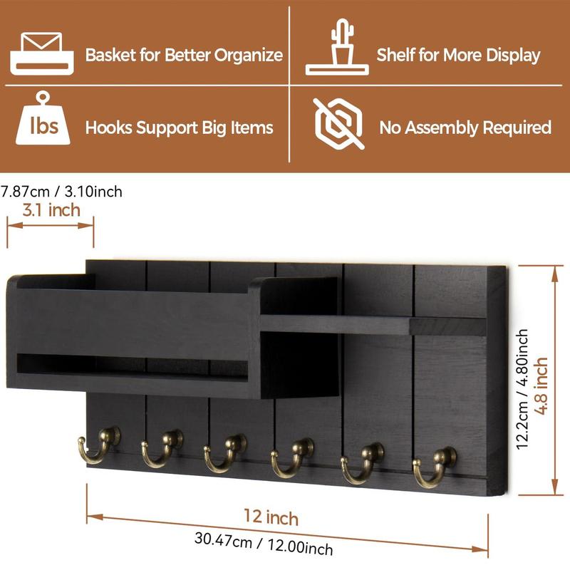 Wall Mounted Key Organizer Storage Holder, Wall Mount Design, 1 Count Wooden Wall Shelf with 6 Key Hooks, Mail Sorter, Home Organizer for Living Room Entrance #TOP PICKS