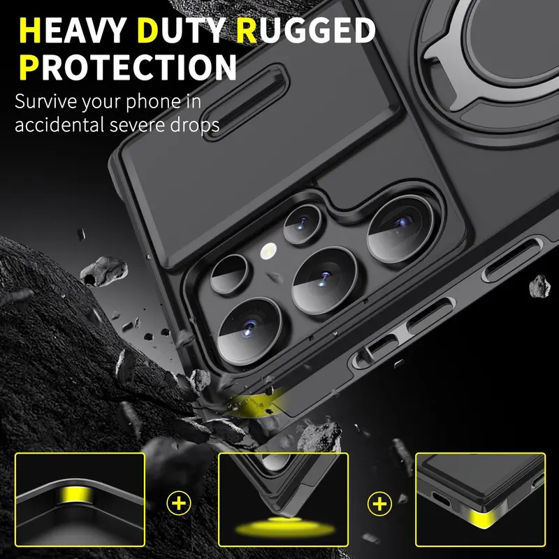 StarTU Magnetic Protective Cellphone Case for Samsung Galaxy S26-S25-S24-S23-S22-S21, Shockproof Rugged Casing Accessory with Slide Camera Lens Cover, 360° Rotating Ring Holder, Screen Protector