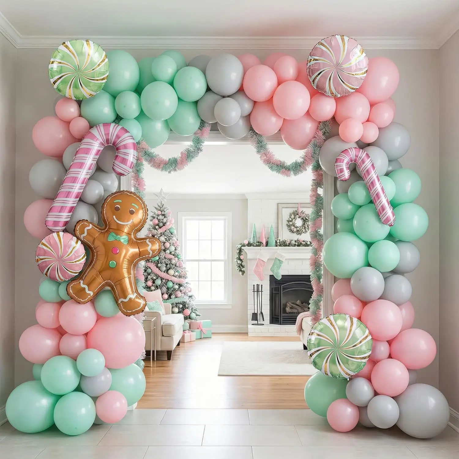 Christmas Balloon Garland Arch kit green  balloon with Gingerbread Balloon Cane Candy Foil Balloons for friendsmas Party Decorations Xmas  Year cookie Birthday Party Supplies globos de navidad