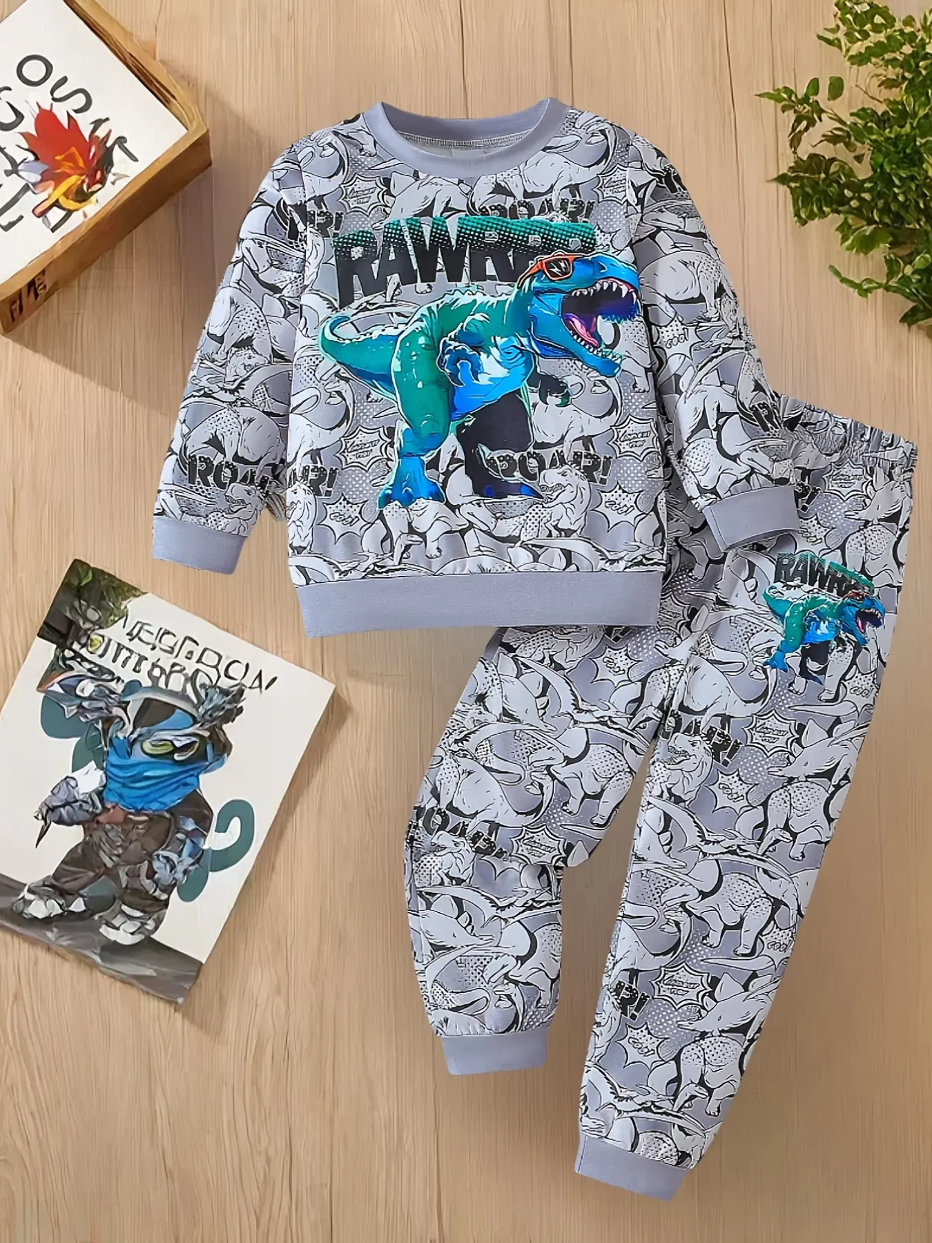 Boys Grey Comic Full Print Dinosaur 2Pcs Tracksuit, All Over Black White Cartoon Trex Crewneck Sweatshirt + Matching Full Print Jogger Pants, Streetwear Graphic Outfit for Pre-Teen Boys & Skate Shoot