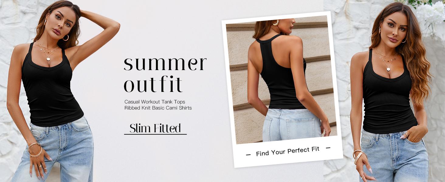 FMEYOA Women Casual Racerback Tank Tops Summer V Neck Ribbed Knit Yoga Workout Camisole Basic Top