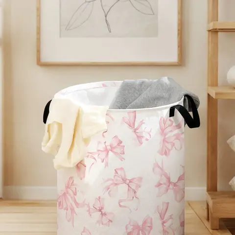 Christmas Dirty Laundry Basket, Bow Print with Handle, Durable Foldable Storage Basket, Large Capacity Laundry Organizer, Toy Box