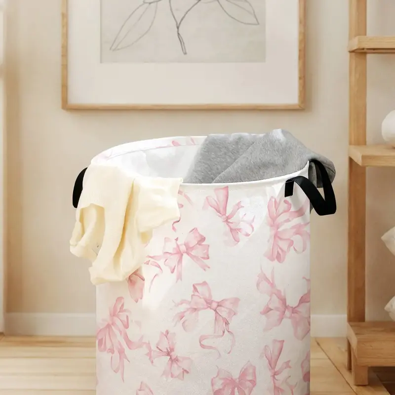 Christmas Dirty Laundry Basket, Bow Print with Handle, Durable Foldable Storage Basket, Large Capacity Laundry Organizer, Toy Box