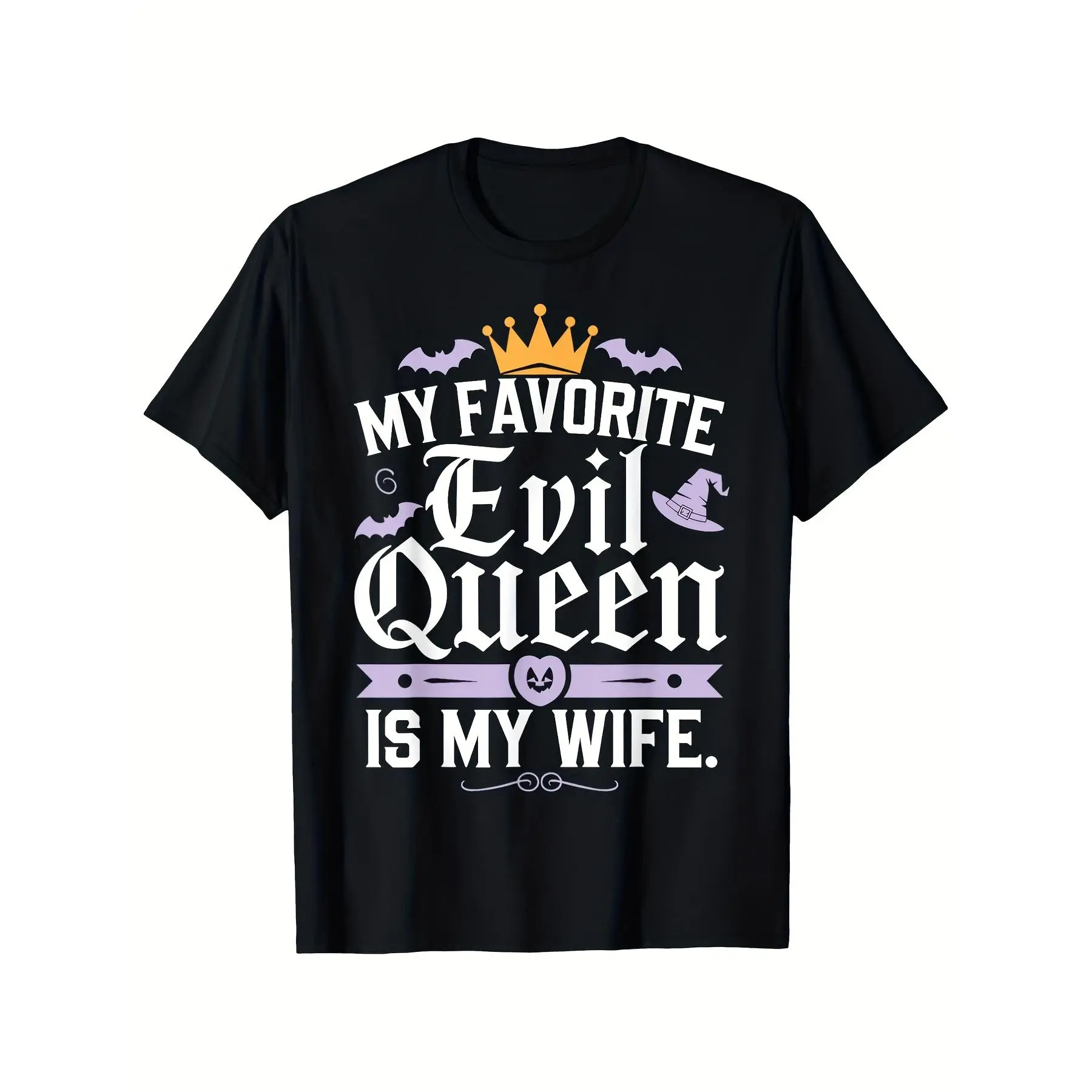 Men's My Favorite Evil Queen Is My Wife Halloween T-Shirt - Heavyweight Retro Graphic Tee with Wicked Queen Design, Loose Fit Casual & Costume Party Shirt- Funny Villain Wif Extra Long PlusSize, PLUS SIZE