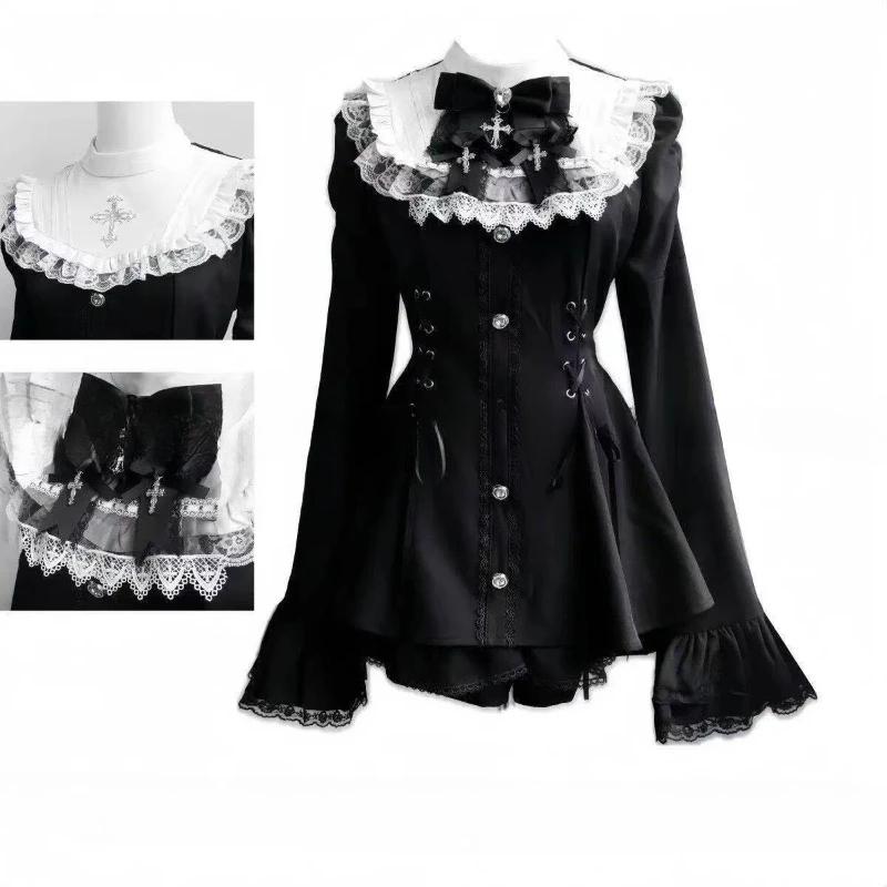 Y2k Aesthetic Lolita Style Bow Dress Shorts Set Women Kawaii Lace Flare Sleeve Bow Shirt Dress Japanese Punk Party Mini Dress Y2k Aesthetic Lolita Style Bow Dress Shorts Set Women Kawaii Lace Flare Sleeve Bow Shirt Dress Japanese Punk Party Mini Dress