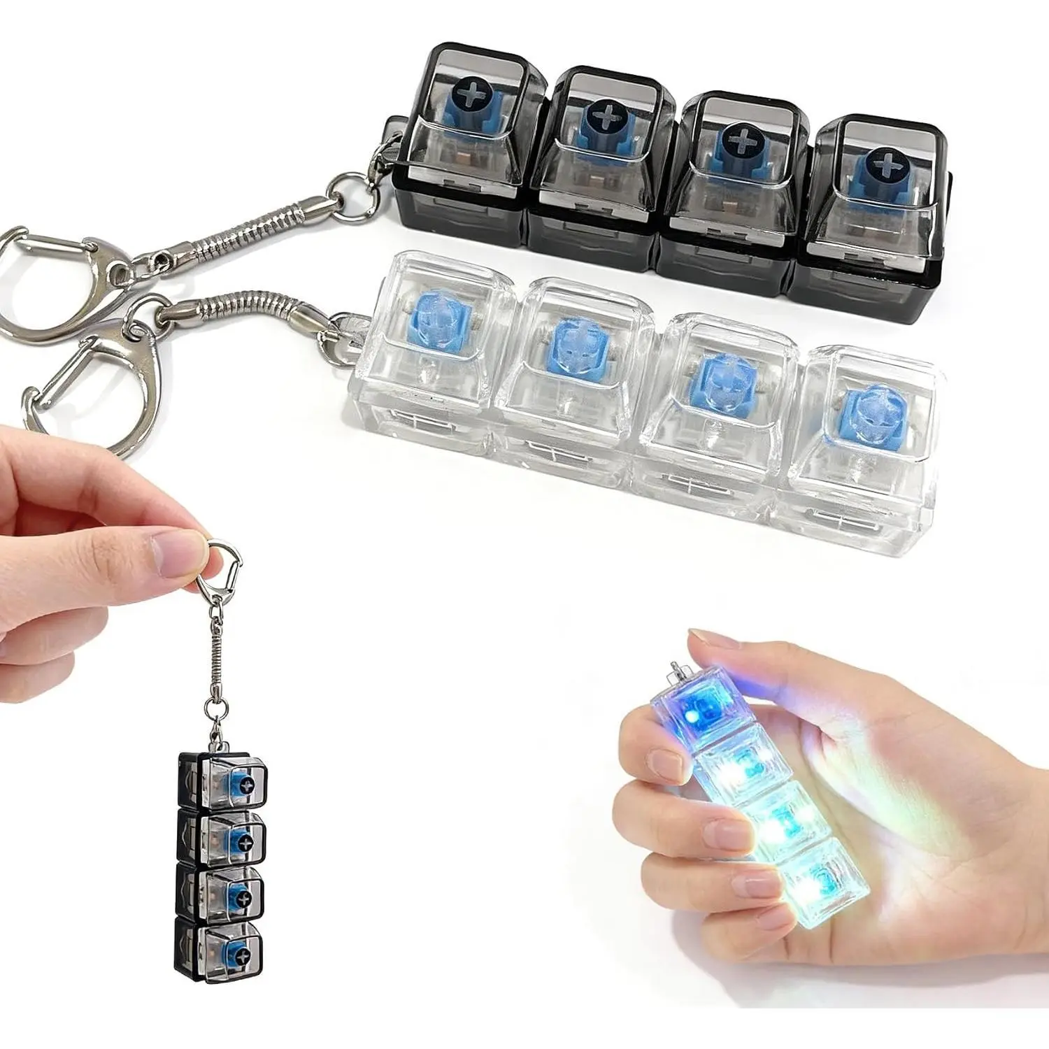 Portable 2-Piece LED Keyboard Fidget Keychain, 4-in-1 Clicker Fidget Toy for Stress Relief & Interactive Play