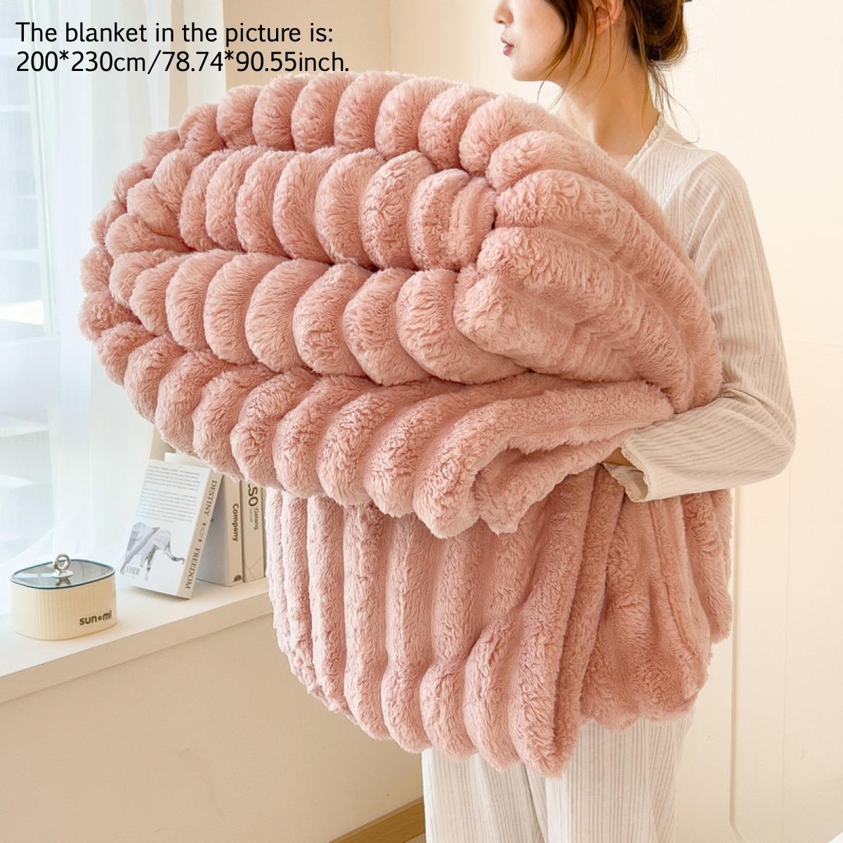 Solid Color Stripe Design Plush Blanket, Soft Fluffy Blanket, 1/2 Counts Soft Comfortable Throw, Warm Napping Blanket for Home Office Travel Bedroom