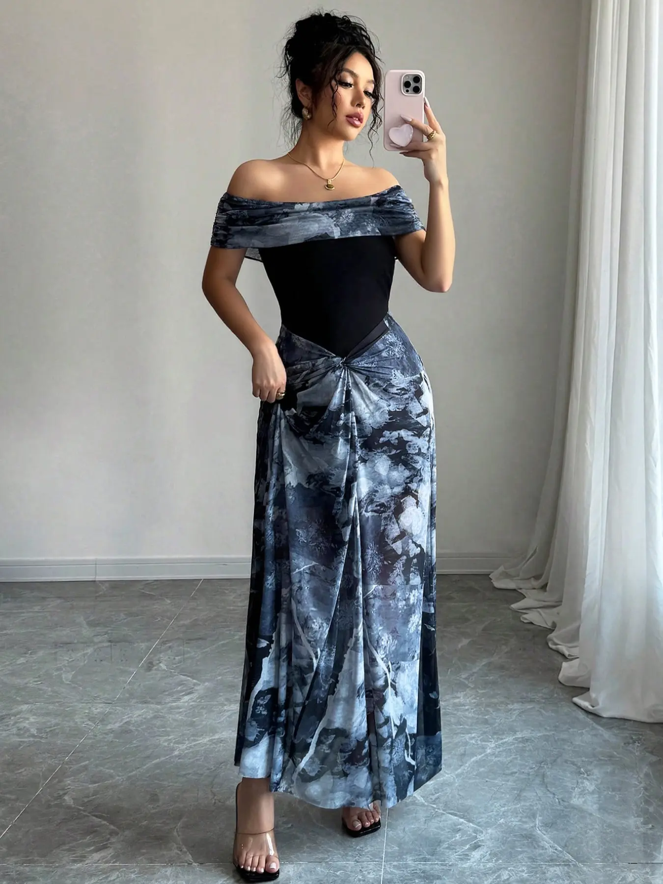 Women's French One-Shoulder Lace-Up Printed Mesh Dress, Style, Sexy Slim Fit Elegant Formal Long Dress, Perfect for Special Occasions, Elegant Fashion Dress
