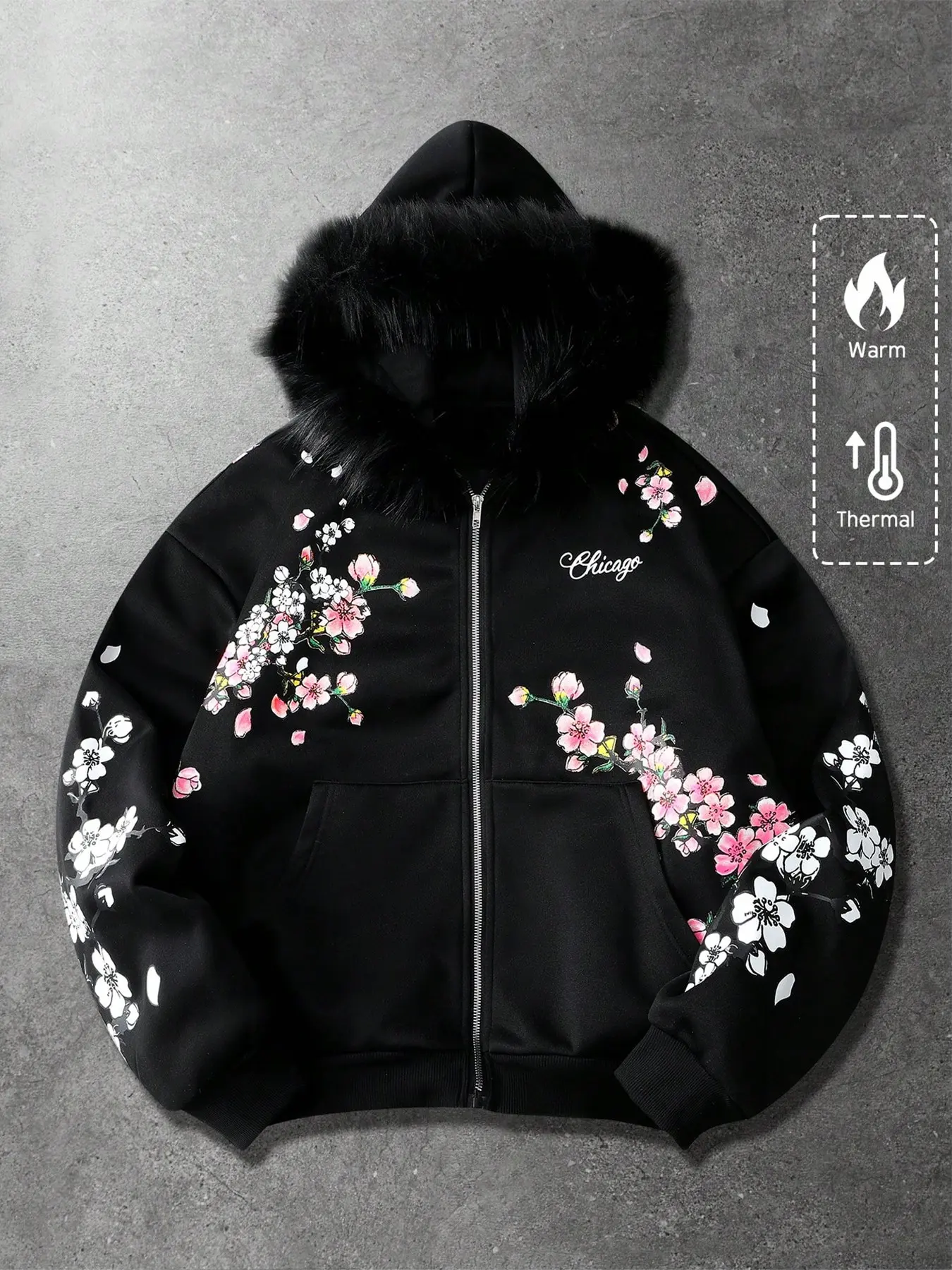 Y2K Floral Street Style! Men Clothing Casual Black Warm Fleece Zip Hoodie, Sakura Cherry Blossom Print & Fur Hood Streetwear Jacket
