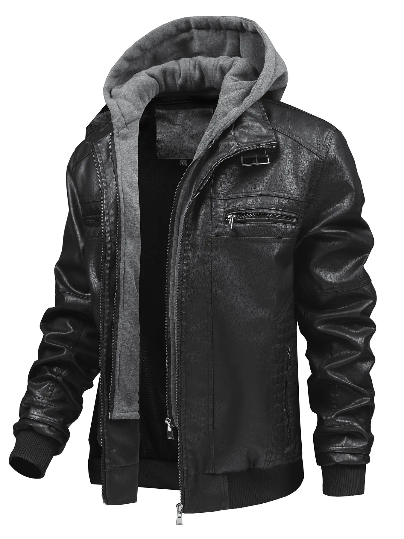 Men's Plain Outdoor Windproof Street Fashion Outerwear Fleece Lined Hooded PU Jacket, Casual Long Sleeve Coat, Ideal for Daily Wear and Cycling, Zipper Pockets