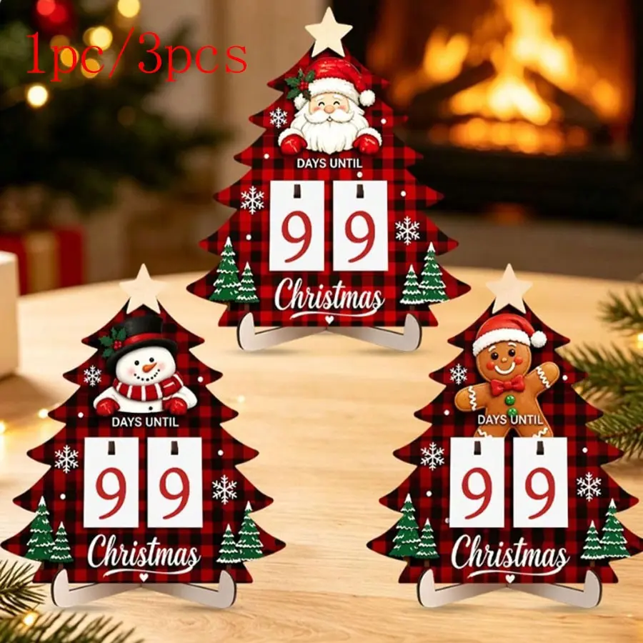 1pc/3pcs Christmas Wooden Desk Decorations, 99 Days Until Christmas Countdown Calendar with 19 Number Cards and Wooden Base, Santa Claus Snowman Gingerbread Man Pattern, For Christmas Party Decorations, Room Decor, Farmhouse Decor, Christmas Gifts