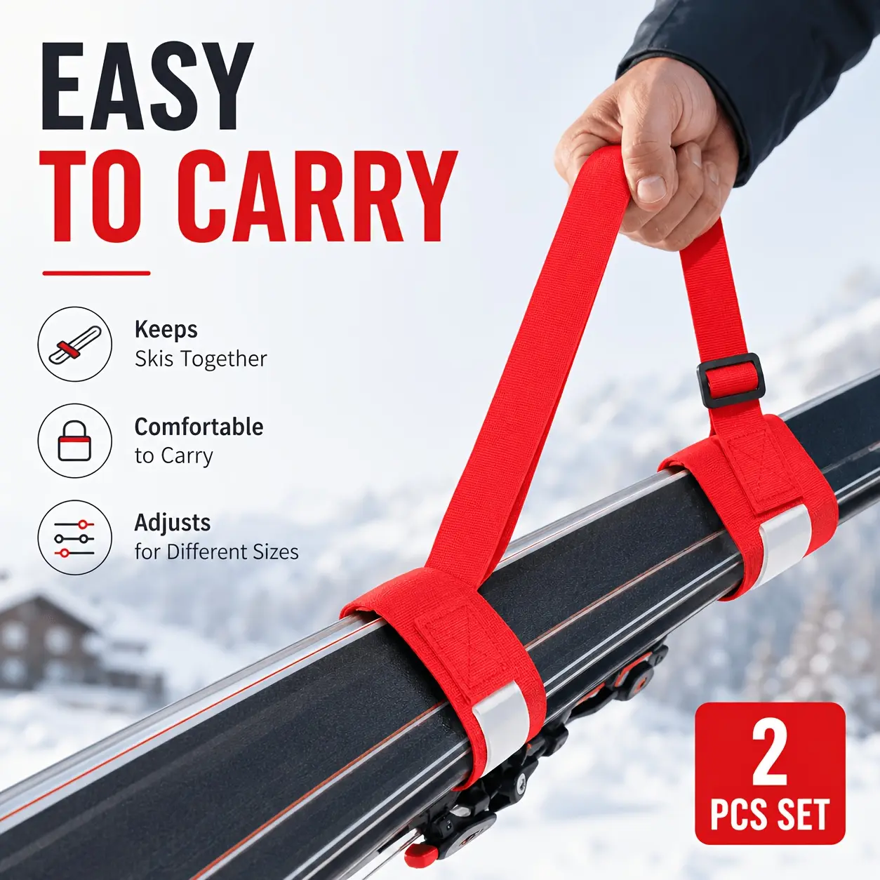 2 Pairs of Ski Straps, Adjustable Ski Boot Straps, Ski Harness, Ski Packing Straps, for Carrying And Storing Ski Poles And Snowboards, Outdoor Winter Sports Additions (Red)