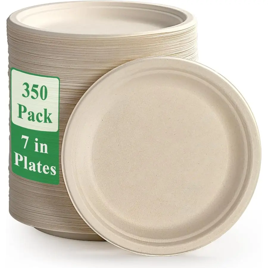 Vplus 350-Pack Disposable 6.9in Round Super Strong 100% Bagasse Paper Plates, Compostable Natural Biodegradable Plates for Party Desserts, Appetizers